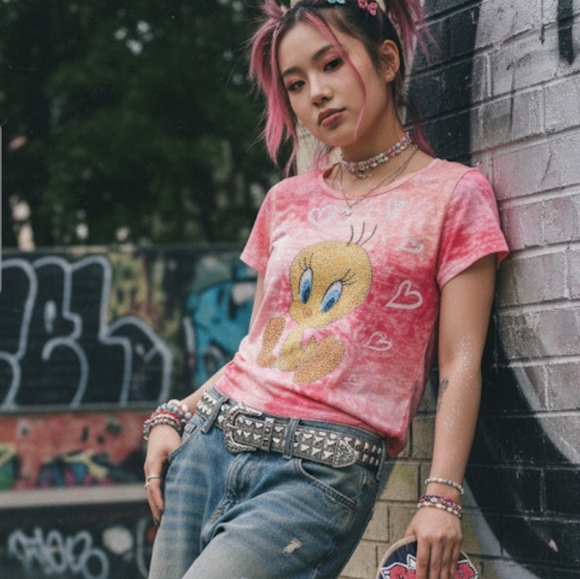 Looney Tunes Frogbox Tweety Bird Pink Peach Burnout T Shirt Graphic Shirt Size L - Picture 1 of 13